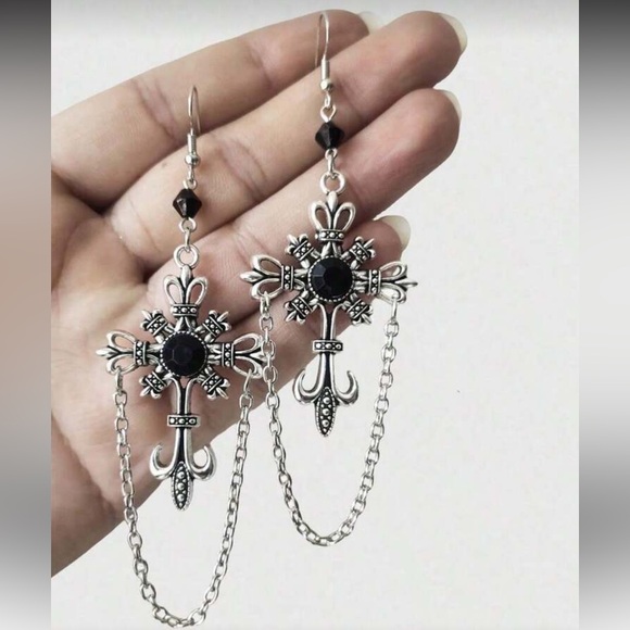 Jewelry - Elegant Silver and Black Cross Dangle Earrings